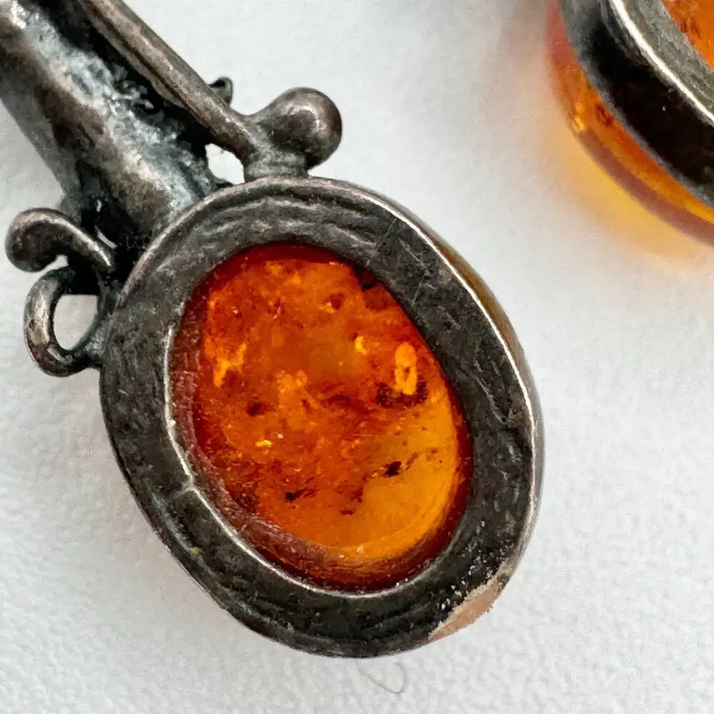 Amber Patina’d Silver Earrings Art Nouveau Style Floral Acid Tested Ornate 4.78g - Picture 7 of 13